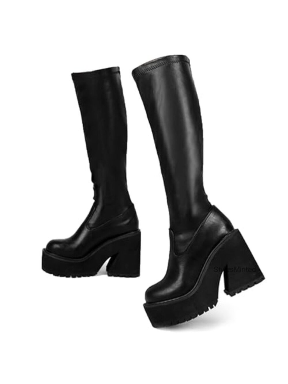 Knee High Platform Boots Chunky Heel Synthetic Elastic Leather Gothic Wedge